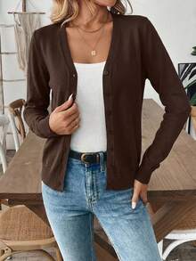 Cárdigan ligero de unicolor con botones para uso casual, oficina y transporte, otoño - Marrón - Ver 4