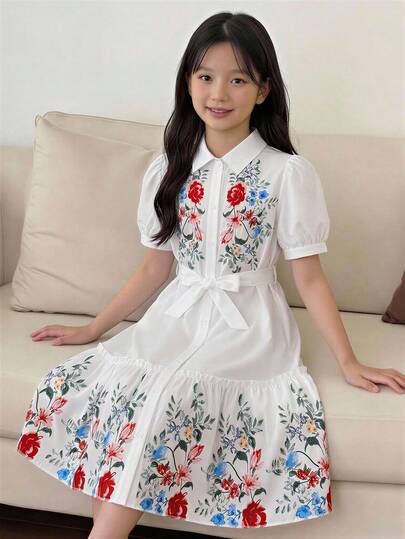 SHEIN Girls' Elegant White Shirt Dress, Floral Print Long Dress With Modest Design, Loose Fabric Suitable For Eid And Family Gatherings, 8-14 Years Old Girls' High Waist A-Line Dress, Refreshing For Summer