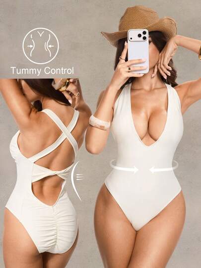 Women's V-Neck Criss-Cross Back One-Piece Swimsuit, Fashionable & Sexy For Beach & Resort, Summer