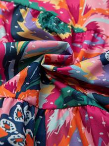 Linhara Colorful Print Ruffle V-Neck Loose Dress - Multicolor - View 4
