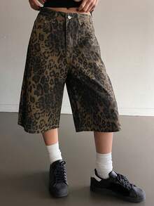 DAZY Pantaloncini di jeans casual e ampi con stampa leopardata e effetto consumato, adatti per la primavera e l'estate - Castano - Visualizzare 5