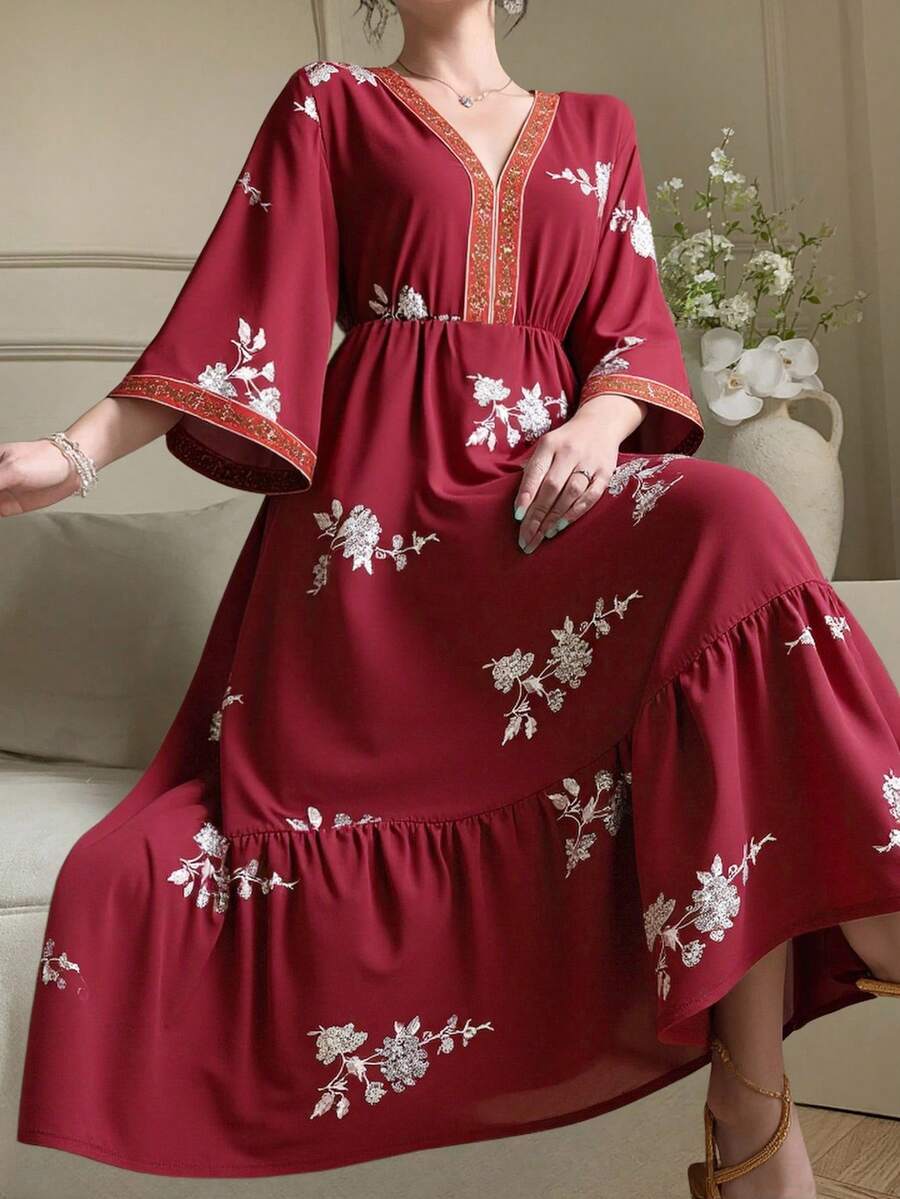 DAZY Women's Spring/Autumn Casual Vacation Style Floral Print Flared Sleeve Ribbon Decor Ruffle Hem Dress - Burgundy - View 1