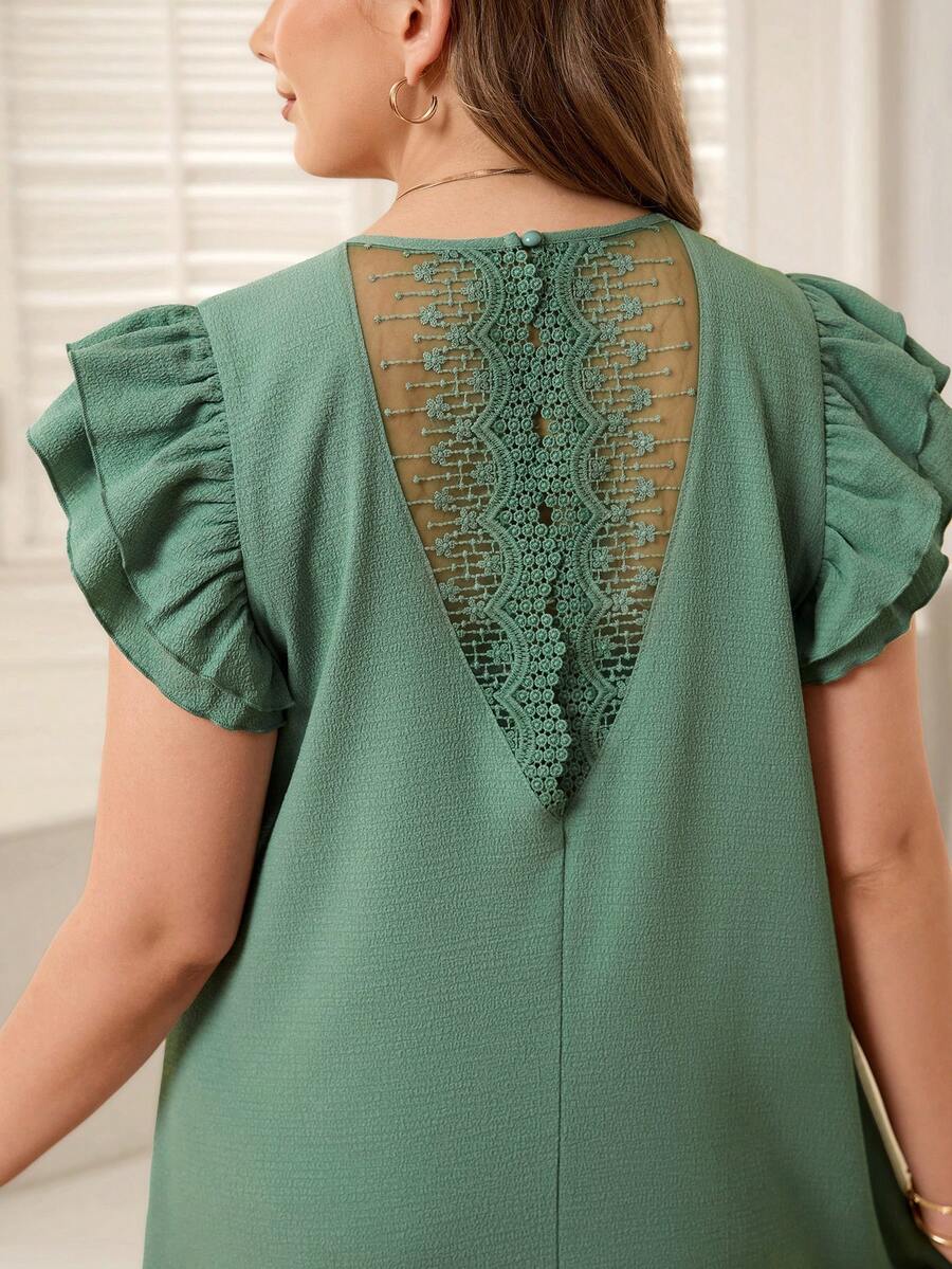 EMERY ROSE 大码女式春夏休闲双层短袖刺绣拼接绿色连衣裙 - 薄荷綠 - 查看 1