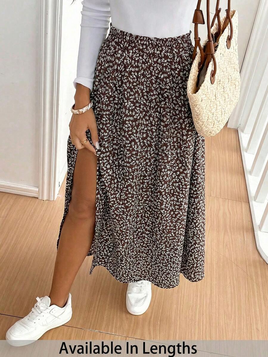 SHEIN Tall CURVE 大码印花开衩大腿休闲裙 - 咖啡棕 - 查看 1