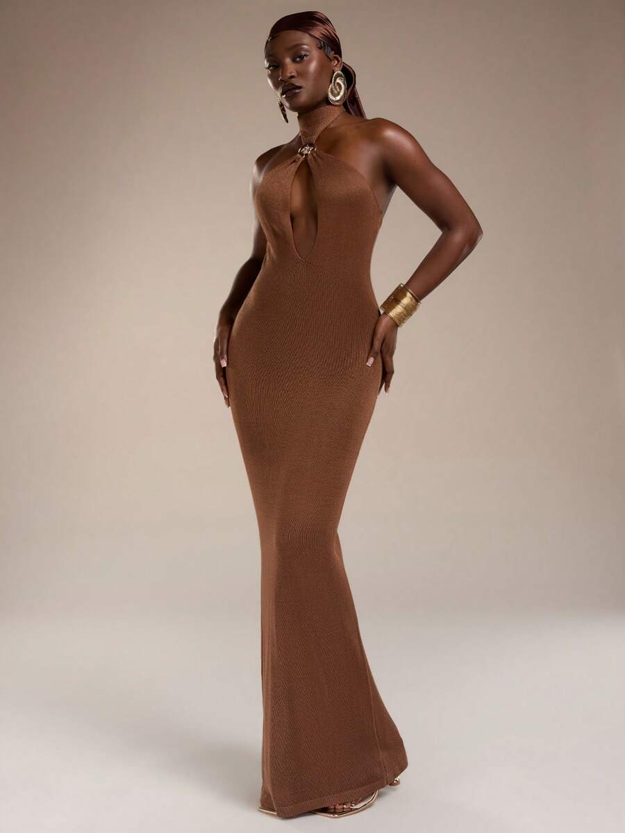 Normani 女士时尚性感露背吊带紧身连衣裙 - 棕色 - 查看 1