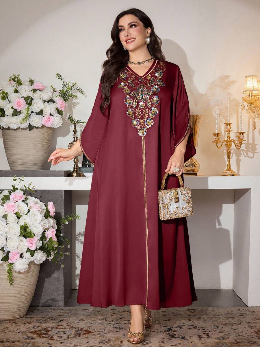 Al Najma Đầm tay xòe cổ chữ V thanh lịch, thích hợp cho mùa xuân và mùa hè. - Màu Đỏ Sâu - Xem 1