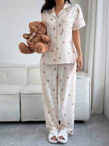 SHEIN Napfluff Bubble Wrinkle Cartoon Bear Collar Short Sleeve Pajama Set - Apricot - View 5