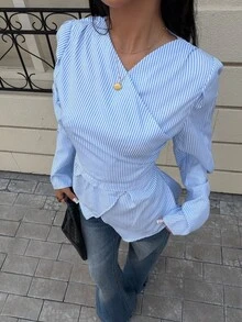 Siren Gaze 女式蓝白条纹收腰衬衫，秋冬 - 藍白色 - 查看 5