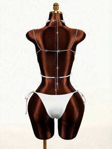 Sirith Conjunto de bikini con parte delantera anudada y espalda descubierta con cuentas de cristal para vacaciones de verano en la playa para mujer - Blanco - Ver 3