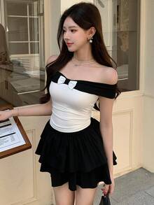 DAZY 春夏时尚黑白撞色拼接露肩短款上衣，蝴蝶结装饰，休闲、沙滩、度假风，适合情人节、婚礼等场合 - 白色 - 查看 9