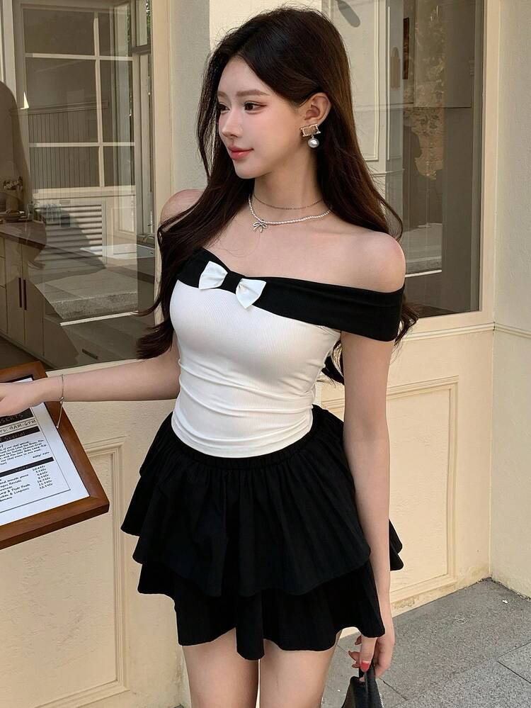 Spring & Summer Fashion Black & White 2 In 1 Contrast Color Block Off Shoulder Crop Top, Bow Decor, Casual, Beach, Vacation, Suitable For Valentine's Day, Wedding