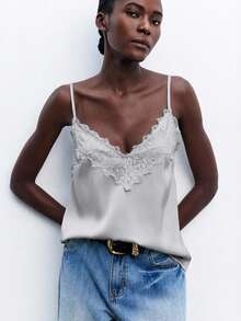 Maija 女士灰色蕾丝拼接上衣，优雅浪漫时尚舒适宽松V领可调节细肩带度假商务休闲西部风邮轮休闲百搭无袖上衣 - 灰色 - 查看 7