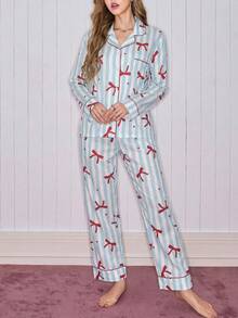 SweetSlumber 甜美条纹蝴蝶结泡泡褶皱女士睡衣套装 女士睡衣套装 蝴蝶结睡衣 条纹睡衣 蝴蝶结睡衣套装 女士睡衣套装 - 藍色 - 查看 4