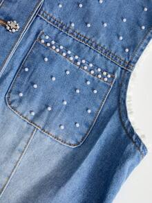 GlowEve 女士简约休闲无袖蕾丝珍珠牛仔连衣裙 - 中等水洗藍 - 查看 6