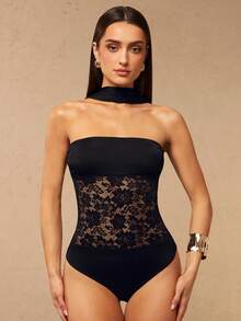 Silquee A Sexy Black Lace-Trimmed, Backless, Flowy-Neck, Partially Sheer Bodysuit, Suitable For Nightclub Parties, Everyday Wear, Holidays, Vacations, And Other Occasions. - Black - View 1