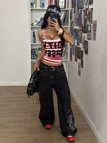 StreetHx Women's Fashionable Striped English Print Square Neck Camisole - Multicolor - View 2