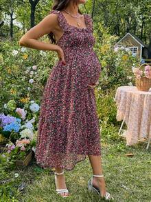 SHEIN 孕妇碎花甜心领荷叶边褶皱露背连衣裙，夏季度假风 - 彩色 - 查看 5