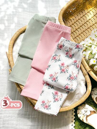SHEIN Vintaside Kids 3pcs/Set Baby Girls' All-Match Casual Solid Color Elastic Leggings, Pants, Tights, Infant Bottoms, Infant Trousers Set, Knitted Corduroy Baby GirlLeggings, Suitable For Spring, Summer, Autumn, Winter