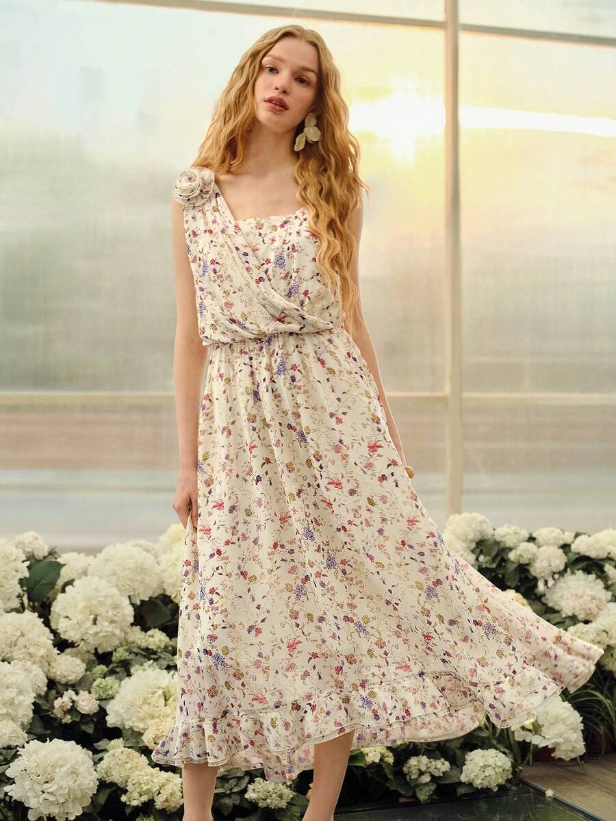 MOTF PREMIUM 女士浪漫印花不对称领连衣裙，春夏款 - 杏色 - 查看 1