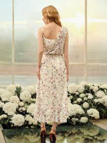 MOTF PREMIUM 女士浪漫印花不对称领连衣裙，春夏款 - 杏色 - 查看 4