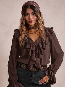 Freevana Plus Size Elegant V-Neck Long Sleeve Shirt With Ruffle Trim - Coffee Brown - View 1