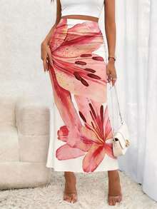 INAWLY 女士休闲优雅印花褶皱腰A字裙 - 乾枯玫瑰色 - 查看 3