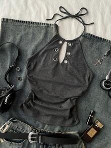 Attitoon Women's Y2K Style Metal Accent Halter Neck Tight Top, Summer - Dark Grey - View 4