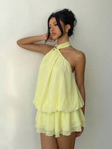 Aloruh 优雅性感纯色露背吊带迷你连衣裙，夏季 - 淡黃色 - 查看 6