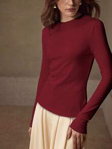 MOTF PREMIUM Áo thun nữ dài tay, màu trơn, co giãn cao, thân thiện với da, cổ tròn, dáng ôm, thời trang, đa năng. - Đỏ - Xem 3
