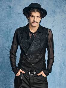 ROMWE MEN Casual 男士纯色双排扣提花哥特式背心 - 黑色 - 查看 5