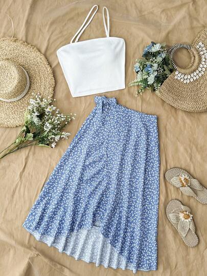 SHEIN Teen Girls Casual Vacation Sweet White Solid Color Camisole Top And Ditsy Floral Tie Waist Ruffle Hem Mini Skirt 2 Piece Set, Suitable For Spring/Summer Vacation, Countryside, Music Festival, Hangout With Friends