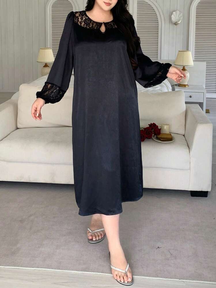 Dazy Plus Plus Size Women Contrast Lace Long Sleeve Loose Elegant Nightgown