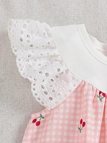 Souflis Souflis 1件女婴圆领荷叶袖白色粉色格子水果樱桃印花蝴蝶结装饰无袖A字连衣裙，休闲夏季日常穿着、旅行、派对、生日装 - 粉色 - 查看 5