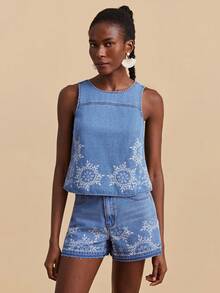 Travachic Women's Casual Sleeveless Geometric Print Denim Blouse, Summer - Light Wash - View 1