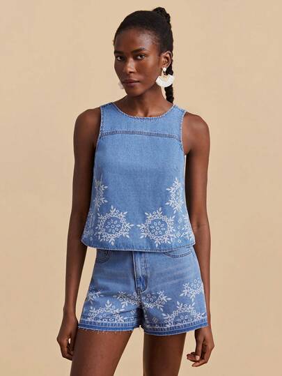 Travachic Bluză de damă din denim, casual, fără mâneci, cu imprimeu geometric, de vară