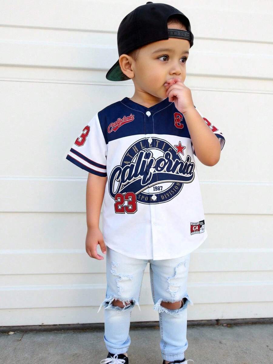 Young Boy Letter & Number Print Casual Round Neck Woven Shirt - Multicolor - View 1