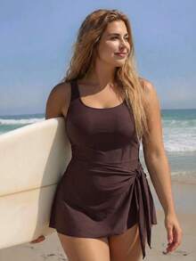 Swim SPRTY Áo tắm liền thân cỡ lớn, màu trơn, buộc dây phía trước, thích hợp cho kỳ nghỉ và đi biển. - Cà phê nâu - Xem 1