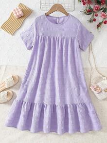 SHEIN 少女纹理面料休闲度假宽松连衣裙 - 紫色 - 查看 6