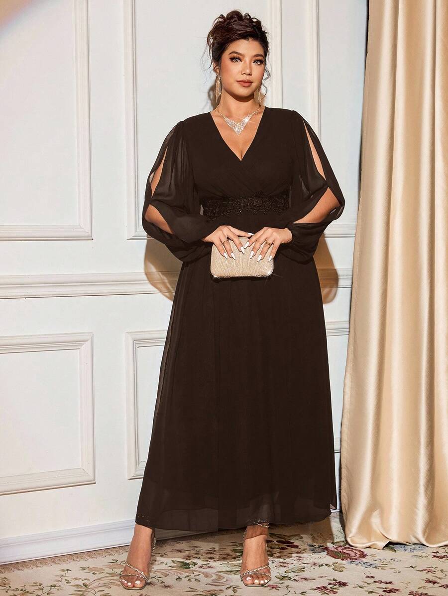 Cravure Đầm dài tay cổ chữ V thanh lịch, phù hợp cho cả đi làm và dự tiệc, chất liệu thoải mái, đa năng, thích hợp cho mùa xuân, hè và thu, có size lớn. - Cà phê nâu - Xem 1