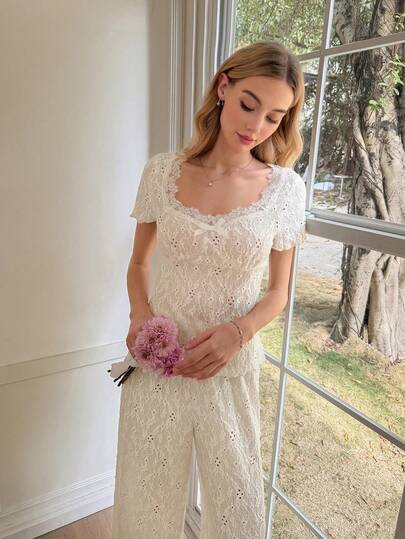 SHEIN Textured Jacquard Hollow Out Square Collar Lace Trim Short Sleeve Pajama Set For Women