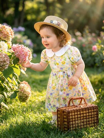 Souflis Souflis French New Easter Baby Girls Yellow Bunny Garden Pattern Peter Pan Collar Short Sleeve Dress, Suitable For Home, Outings, And Various Occasions