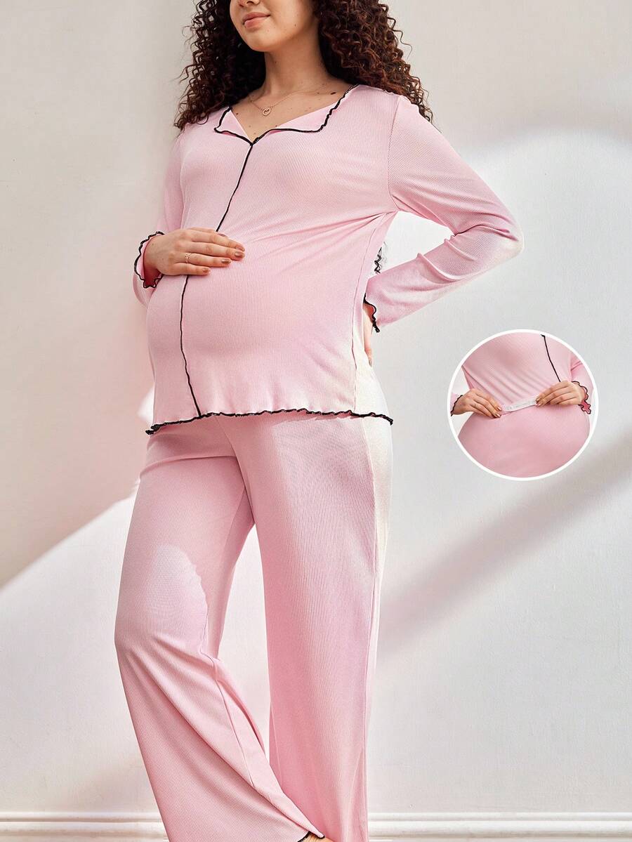 Maternity Long Sleeve Ribbed Top And Adjustable Waist Pants Loungewear Set - Dusty Pink - View 1