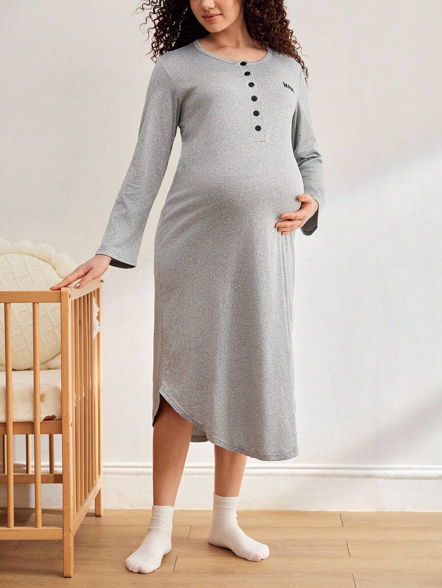 孕妇舒适弧形下摆长袖家居连衣裙，秋季 - 淺灰色 - 查看 1