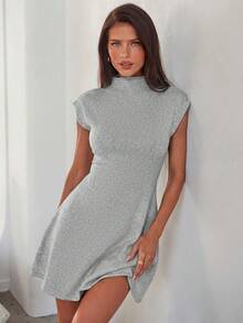 Aloruh Women's Elegant Round Neck Sleeveless Waist Gathered A-Line Solid Color Knit Mini Sweater Dress - Light Grey - View 3