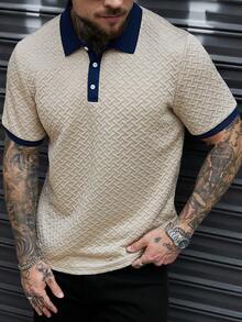 Manfinity CasualCool 男士纹理撞色短袖休闲通勤 Polo 衫，学院风图案 Polo 衫，男士纽扣针织 Polo 衫，男士 Polo 衫，男士高尔夫球衫，男士针织衫，适合日常休闲、周末旅行、远足、轻松的工作环境，可作为男友/丈夫礼物、周年纪念/生日礼物、派对、暑假、假日、婚礼等场合穿着。 - 卡其色 - 查看 5