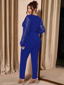 Cravure Bộ jumpsuit dài tay cổ chữ V đính sequin dành cho nữ cỡ lớn, thích hợp cho các buổi tiệc. - Xanh đậm - Xem 2