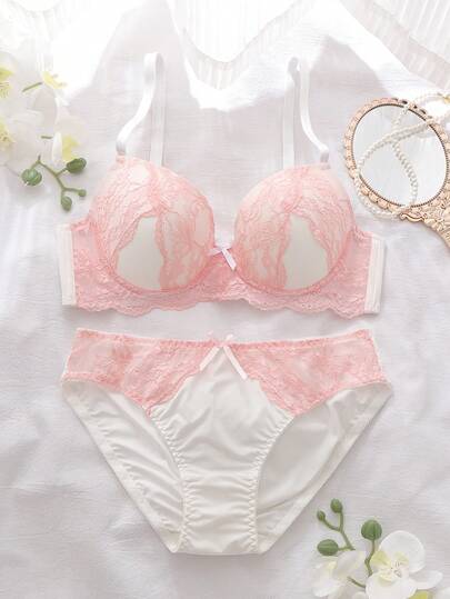 2pcs Pink & White Floral Lace Patchwork 3/4 Cup Underwire Padded Push Up Comfy Balconette Romantic Cute Bow Babydoll Lingerie Set For Women