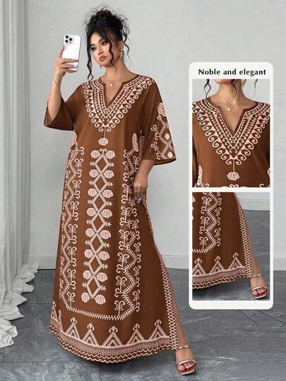 Elenzga Plus Size Women Casual Vintage Floral Print Side Slit Dress