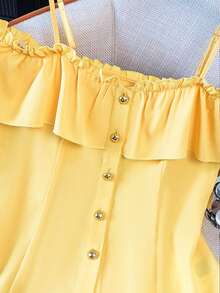 Franclia Women's Summer Casual Solid Color Off-Shoulder Ruffle Trim Camisole - Yellow - View 4