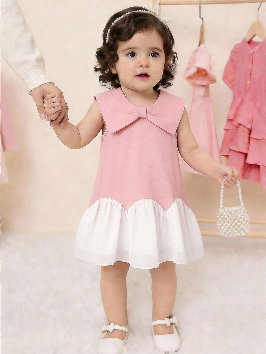 SHEIN Baby Girls' Cute Butterfly Collar Matching White Chiffon Hem Pink Dress, Suitable For Everyday Cute & Elegant Outfit - Multicolor - View 1